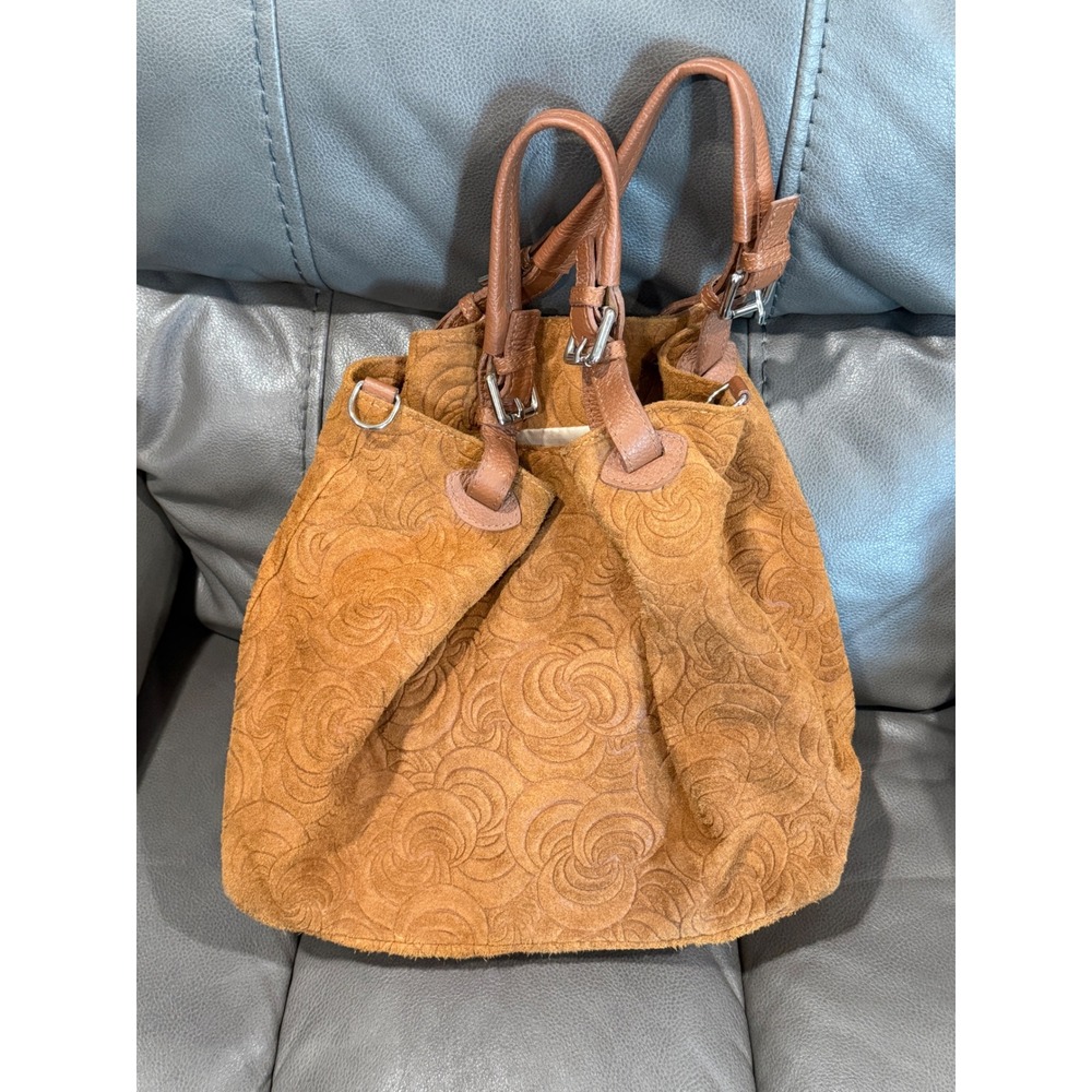 ISADORA WOMEN'S BROWN GENUINE‎ LEATHER HANDBAG Embossed bag Made in Italy